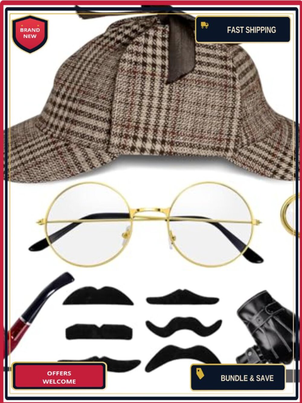 Detective Costume Accessories Set Adult Halloween Cosplay Hat Magnifying Glass